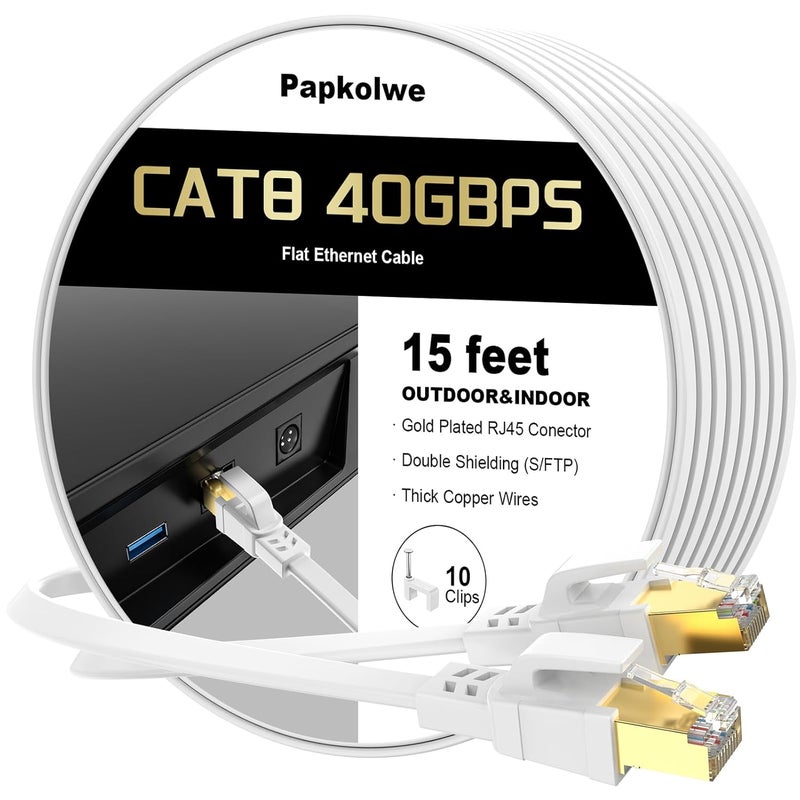 Papkolwe Cat 8 Ethernet Cable 15 ft, Heavy Duty High Speed Cat8 LAN Network Cable, 40Gbps 2000MHz RJ45 Flat Internet Computer Patch Cord, Weatherproof S/FTP UV Resistant for Gaming/Router/Modem,Outdoor&Indoor - Image 1